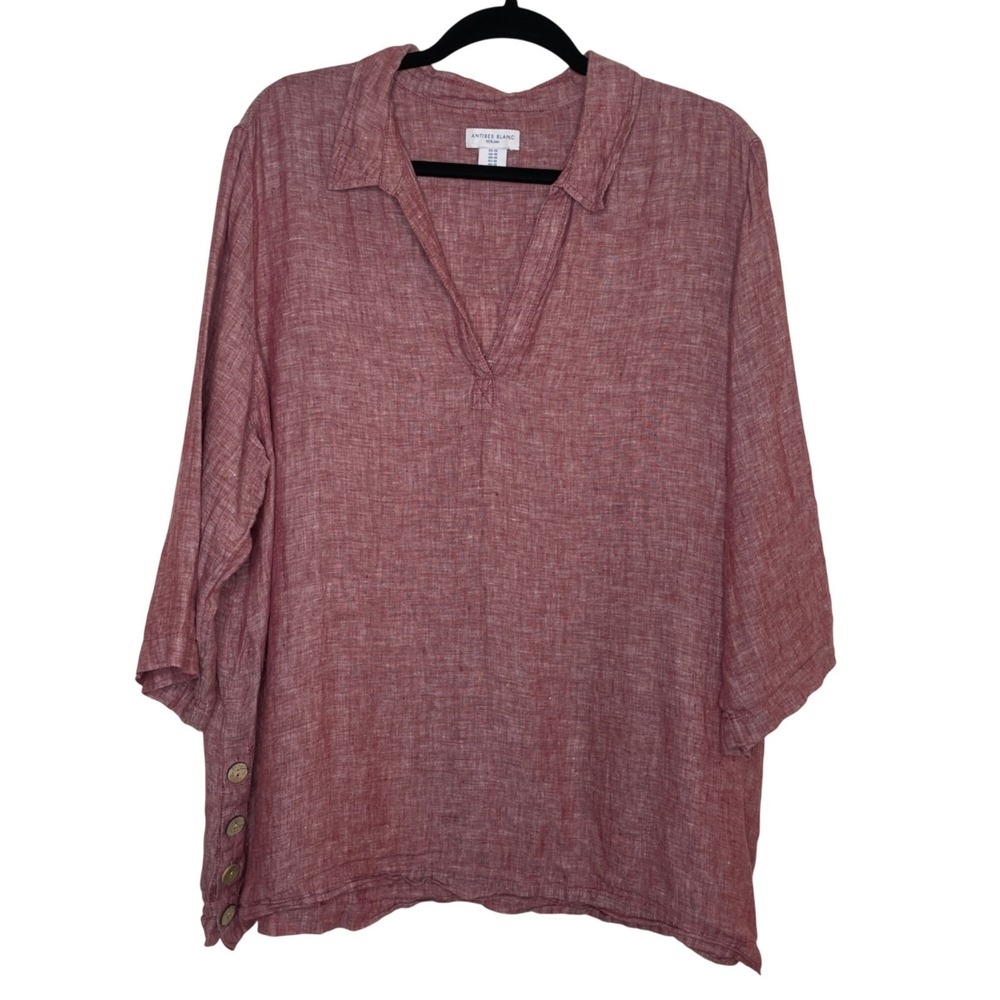 Antibes Blanc Heathered Pink Linen Collared Tunic Top Womens 1X Lagenlook‎